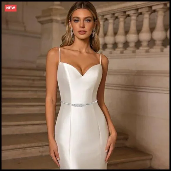 Skinny Metal Waist Belt Rhinestone Stretch Chain Elegant Chic Wedding Accessory - Picture 2 of 7